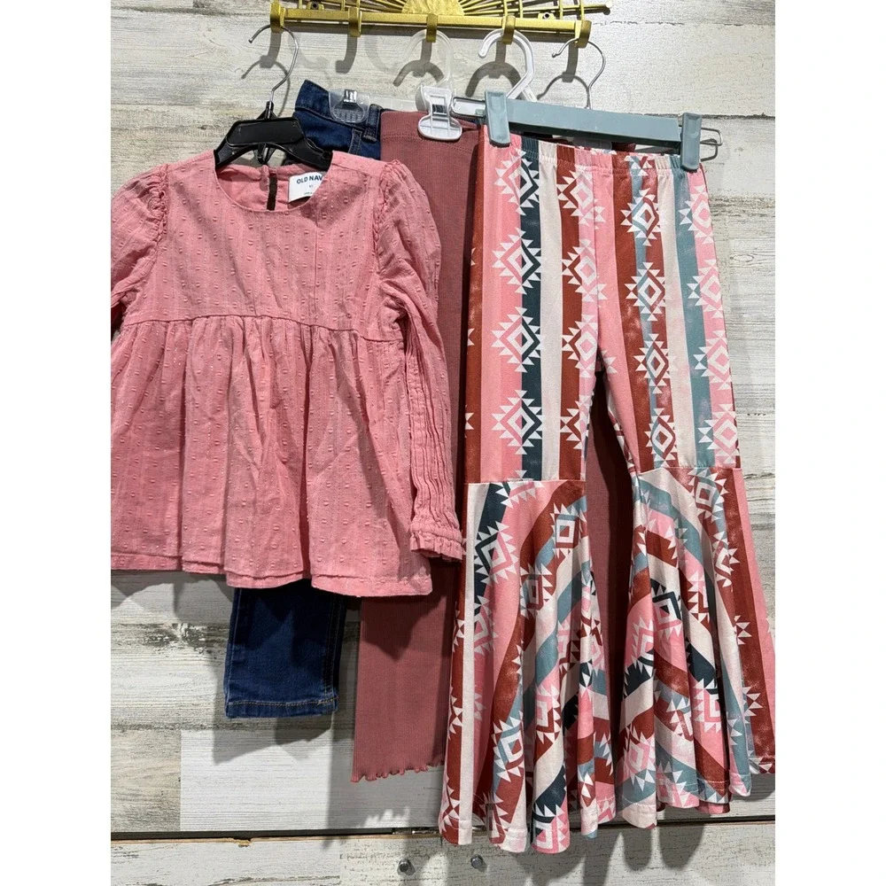 Old Navy Haute Hippie Girls 5T 5/6 Pink Blue Outfit Lot Boho Tribal Flare EUC